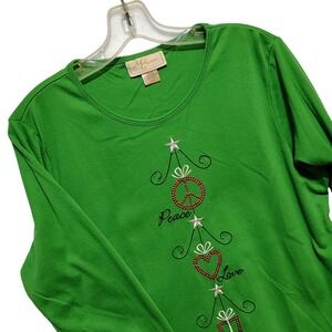MC Sportswear Green Christmas Tree Peace Love Presents Long Sleeve Shirt Women L
